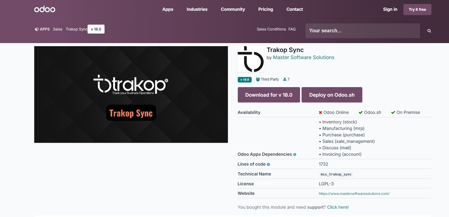 TrakOp Sync module listing on the Odoo App Store