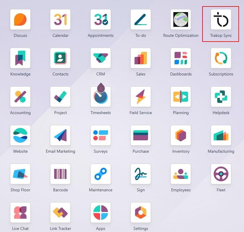 Opening TrakOp Sync from the Odoo apps dashboard