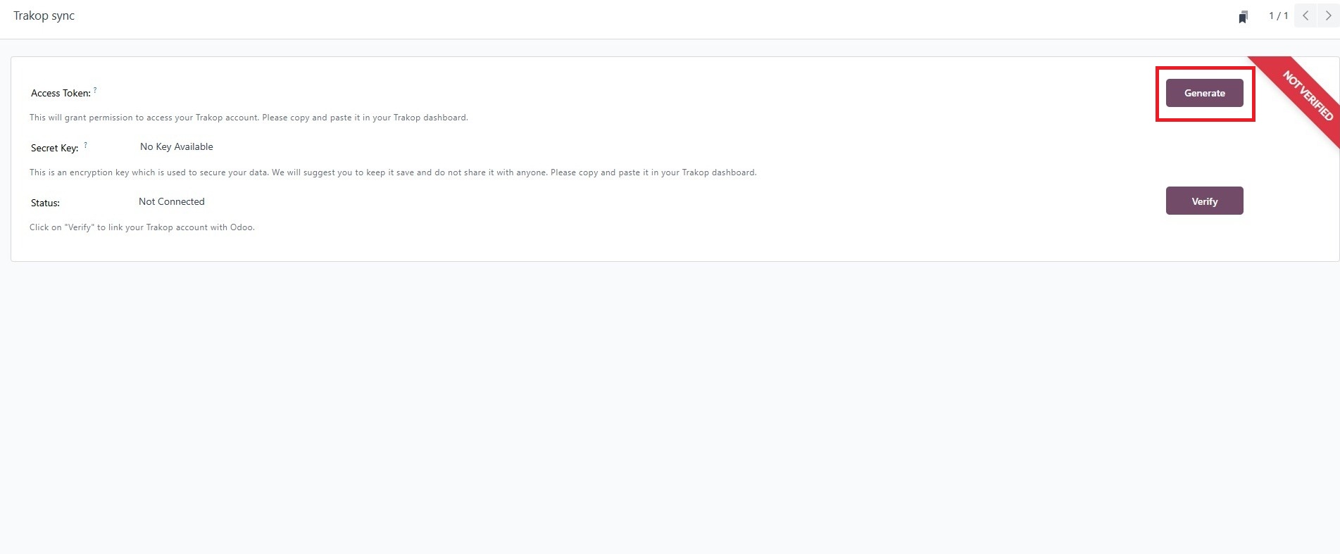 Generating the TrakOp Sync access token and secret key in Odoo
