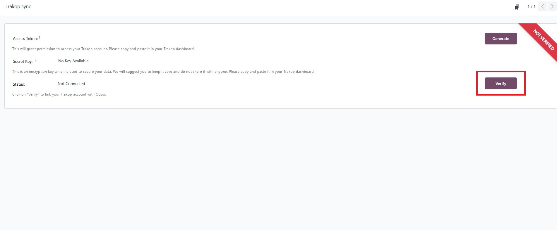Verify button on the TrakOp Sync configuration screen