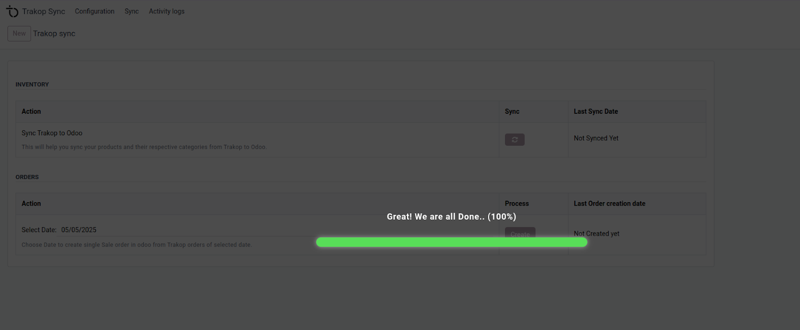 TrakOp Sync syncing products and categories into Odoo